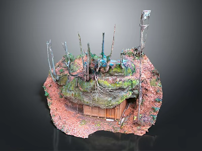 Small Wooden Cabin Structure In Natural Surroundings With Trees Moss And Fallen Leaves 3d model