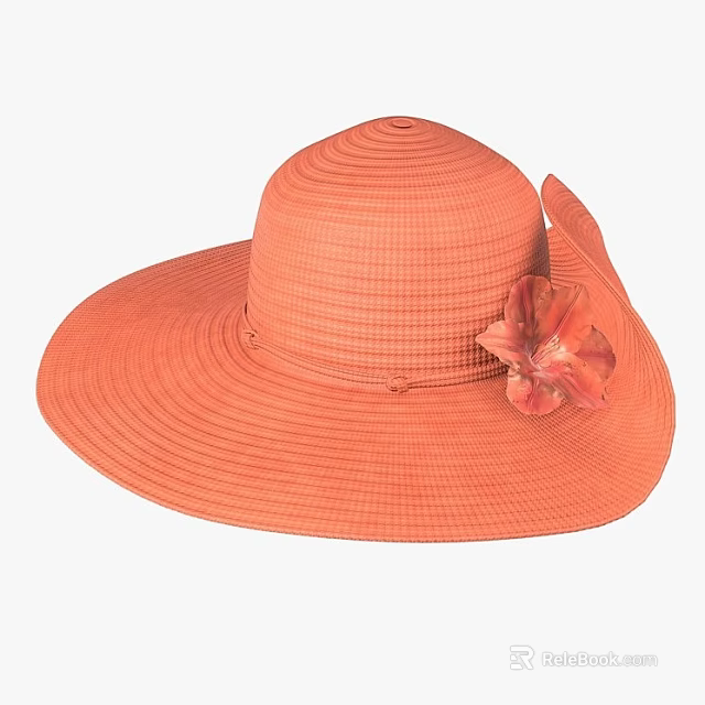 Stylish Orange Wide Brim Woven Hat With Decorative Flower Accent For Summer 3d model 