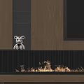 Modern Fireplace Design With Burning Flames Wooden Background And Teddy Bear On Shelf