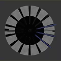 Mechanical Device Model With Blue Fan Blades Black Central Rod Metal Rings And Support Legs