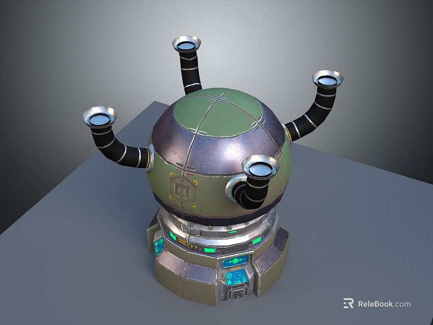 Futuristic Silver Green Dome Structure With Black Tubes And Blue Green Lights On Gray Platform 3d model 