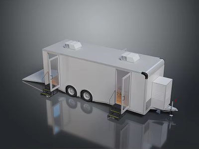 White Food Truck Trailer With Open Doors Steps And Roof Vents 3d model