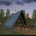 Triangular Wooden House With Blue Roof And Wooden Deck Surrounded By Trees On Green Lawn