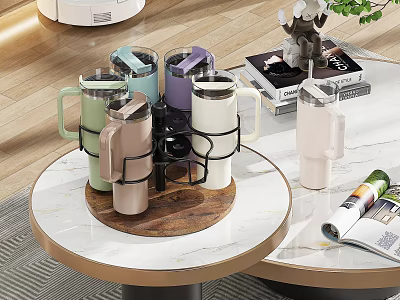 Colorful Thermal Mugs On Storage Rack With Marble Tabletop And Decorative Magazines 3d model