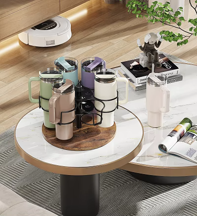 Colorful Thermal Mugs On Storage Rack With Marble Tabletop And Decorative Magazines 3d model