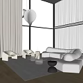 Modern Living Room With Large Windows Trees Outside Light Sofa White Armchairs Rug Coffee Table
