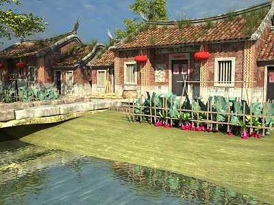 Ancient Building Casement Door With Red Brick Wall Tile Roof Red Lanterns And Water Reflection 3d model