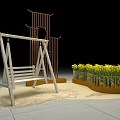 Traditional Garden Decoration With Swing Wooden Screen Yellow Flowers And Pink Petals