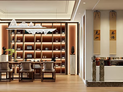 Traditional Chinese Tea Club Interior With Wooden Bookshelves Tea Sets And Calligraphy Scrolls 3d model
