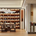 Traditional Chinese Tea Club Interior With Wooden Bookshelves Tea Sets And Calligraphy Scrolls