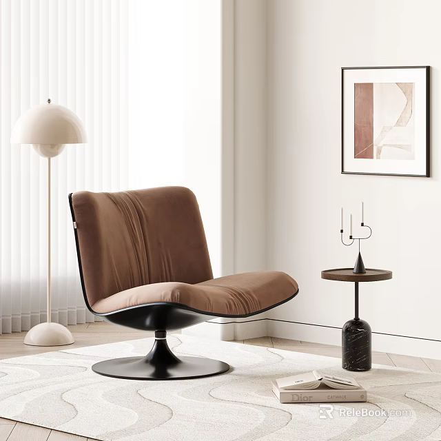 Modern Brown Accent Chair With Black Round Base And Side Table Decor In Living Room 3d model 