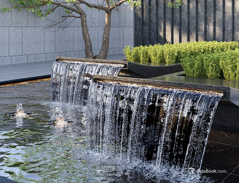 Multi Tiered Water Fountain With Flowing Water Surrounding Greenery Background Wall And Trees 3d model 
