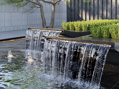 Multi Tiered Water Fountain With Flowing Water Surrounding Greenery Background Wall And Trees 3d model