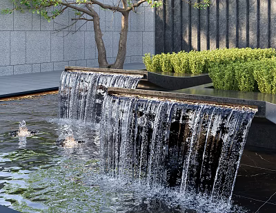 Multi Tiered Water Fountain With Flowing Water Surrounding Greenery Background Wall And Trees 3d model