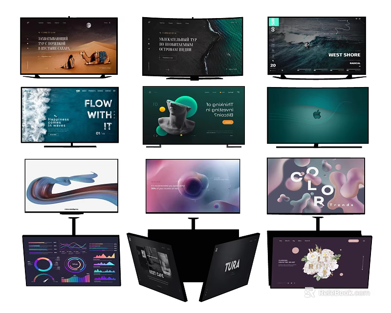 Multiple TV Screens Displaying Diverse Content With Rotating Design Features 3d model