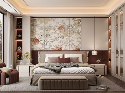 Elegant Modern Bedroom Interior With Floral Wallpaper Upholstered Headboard Nightstands And Ottoman 3d model