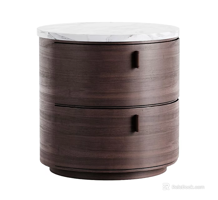 Modern Wooden Bedside Table With White Marble Top And Two Drawers Round Design 3d model 