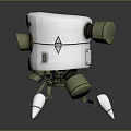 Small White Robot With Green Lens And Metallic Legs On Reflective Surface