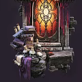 Gothic Style Scene Components With Decorative Door Spires Skull Elements Intricate Patterns Purple Orange Hues