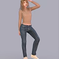 Women In Beige Tops And Blue Jeans Posing In Various Styles On Gray Background