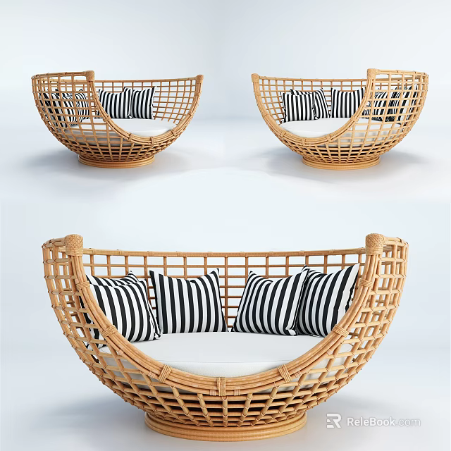 Stylish Rattan Outdoor Sofa With Round Design And Black And White Striped Cushions 3d model 