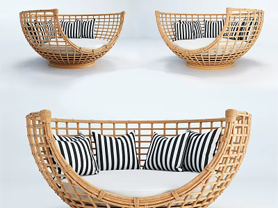 Stylish Rattan Outdoor Sofa With Round Design And Black And White Striped Cushions 3d model