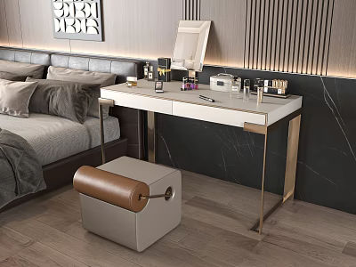 Modern Bedroom Dressing Table With White Top Gold Frame Cosmetics Mirror And Leather Ottoman Stool 3d model
