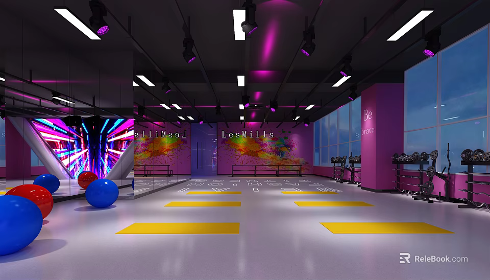 Vibrant Fitness Workout Space With Purple Lighting Yellow Floor Lines And Lifestyle Wall Art 3d model 