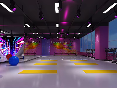 Vibrant Fitness Workout Space With Purple Lighting Yellow Floor Lines And Lifestyle Wall Art 3d model