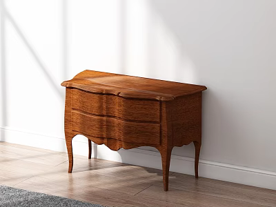 Vintage Wooden Nightstand With Drawers Against White Wall On Wooden Floor 3d model