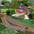 Waterfront Landscape with Wooden Walkway Curved Railings Lush Trees and Flowering Plants