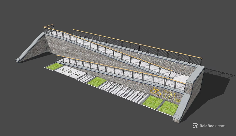 Garden Landscape Design with Stone Staircase Wooden Railing and Green Patches 3d model 