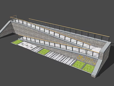 Garden Landscape Design with Stone Staircase Wooden Railing and Green Patches 3d model