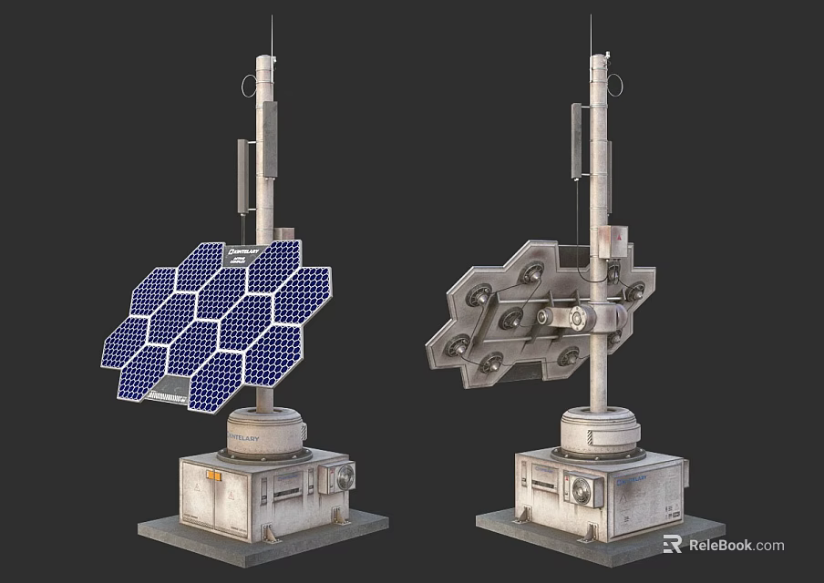 Two Industrial Equipment Units With Solar Panels And Mechanical Structures On Concrete Bases 3d model 