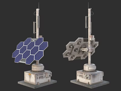 Two Industrial Equipment Units With Solar Panels And Mechanical Structures On Concrete Bases 3d model