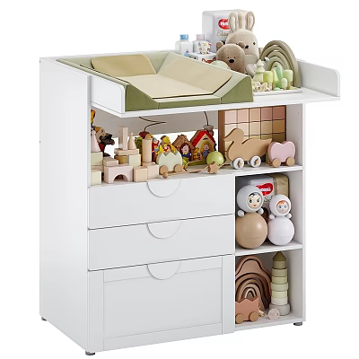 White Children's Storage Cabinet With Drawers Shelves Wooden Toys And Stuffed Animals 3d model