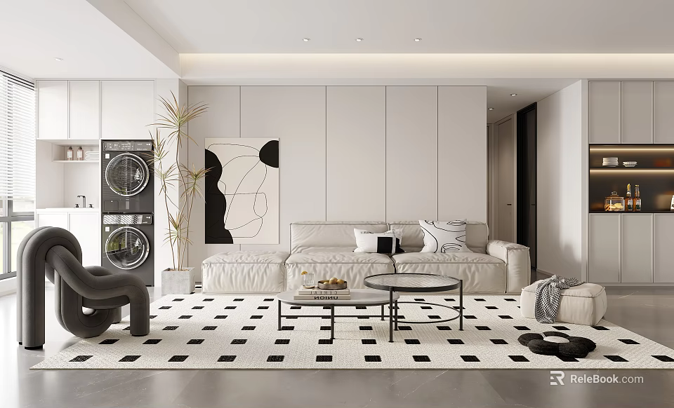 Modern Living Room Interior With White Sofa Black And White Geometric Rug And Abstract Painting 3d model 