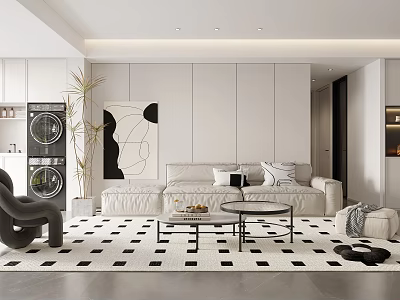 Modern Living Room Interior With White Sofa Black And White Geometric Rug And Abstract Painting 3d model