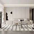 Modern Living Room Interior With White Sofa Black And White Geometric Rug And Abstract Painting