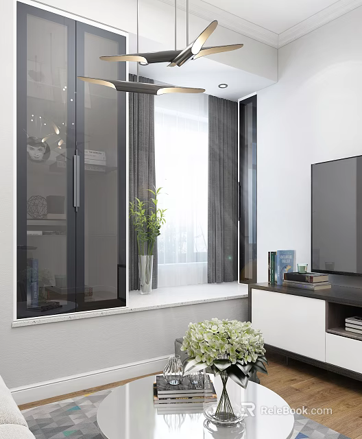 Modern Living and Dining Room Interior With Open Design TV Cabinet Plants and Window Curtains 3d model 