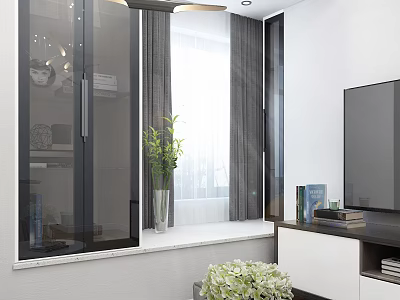 Modern Living and Dining Room Interior With Open Design TV Cabinet Plants and Window Curtains 3d model