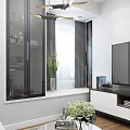 Modern Living and Dining Room Interior With Open Design TV Cabinet Plants and Window Curtains
