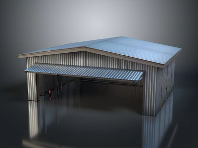 Industrial Metal Building With Sloped Roof Awning And People In Front 3d model