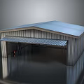 Industrial Metal Building With Sloped Roof Awning And People In Front