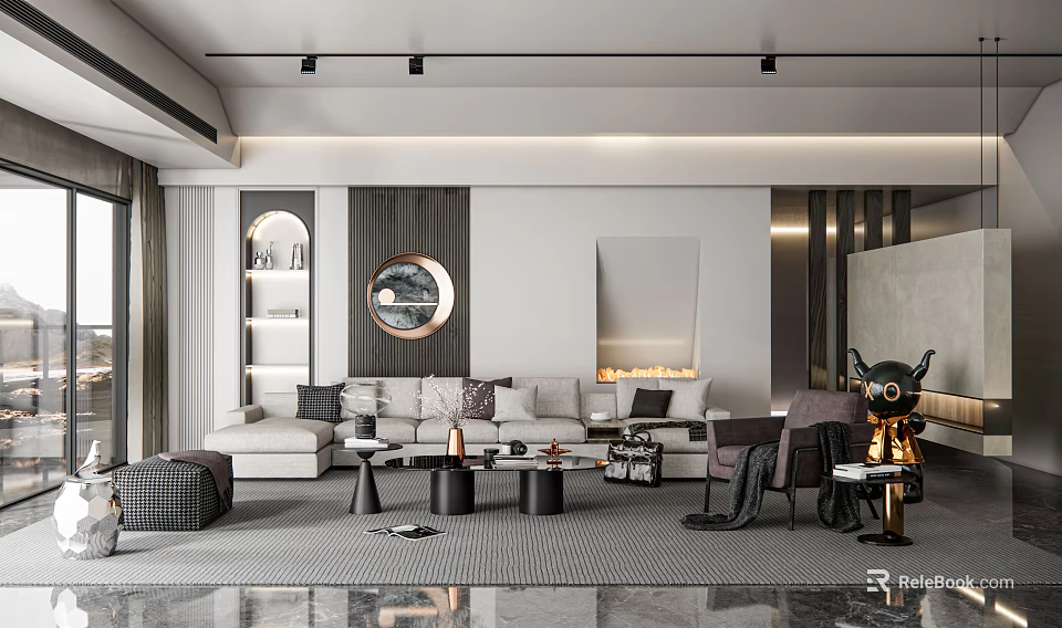 Modern Living Room Interior Design With Track Lighting Beige Sofa Round Mirror And Geometric Rug 3d model 