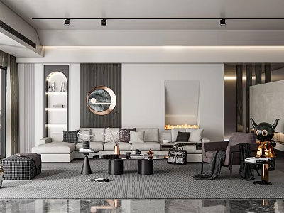 Modern Living Room Interior Design With Track Lighting Beige Sofa Round Mirror And Geometric Rug 3d model