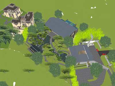 Modern Detached Villa with Lush Greenery Trees Courtyard Pool and Driveway 3d model