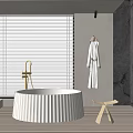 Modern Bathroom Interior Featuring White Bathtub Window Blinds Textured Wall And Wooden Stool