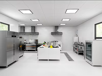 Commercial Kitchen Interior With Stainless Steel Appliances Multiple Stoves Range Hoods And Central Worktable 3d model