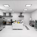 Commercial Kitchen Interior With Stainless Steel Appliances Multiple Stoves Range Hoods And Central Worktable